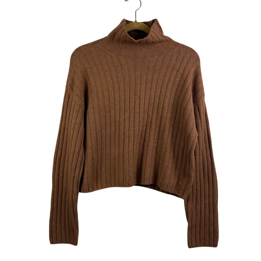 Open Edit Brown Funnel Neck Ribbed Knit Sweater Small Cotton Wool Neutral Fall